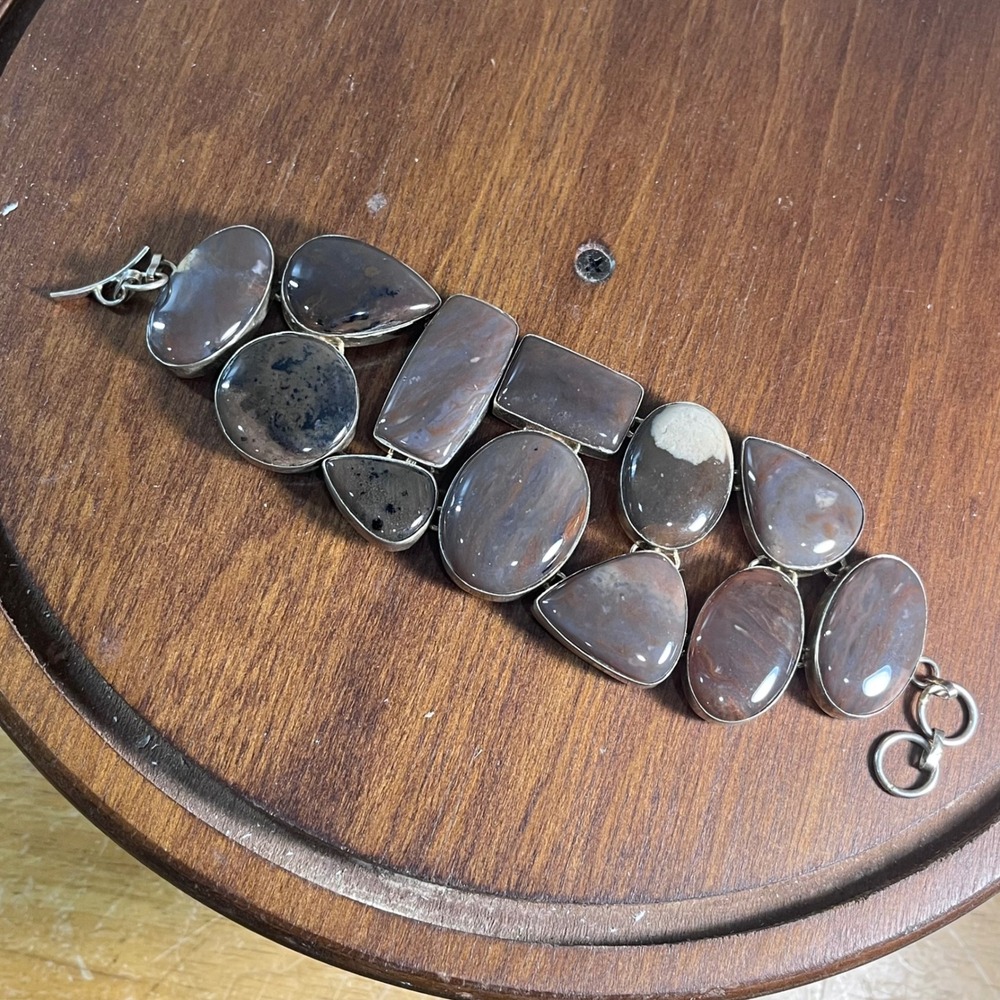 Vtg Chunky Multi Stone Jasper Link Bracelet Brown Gray Toggle 8 Inch